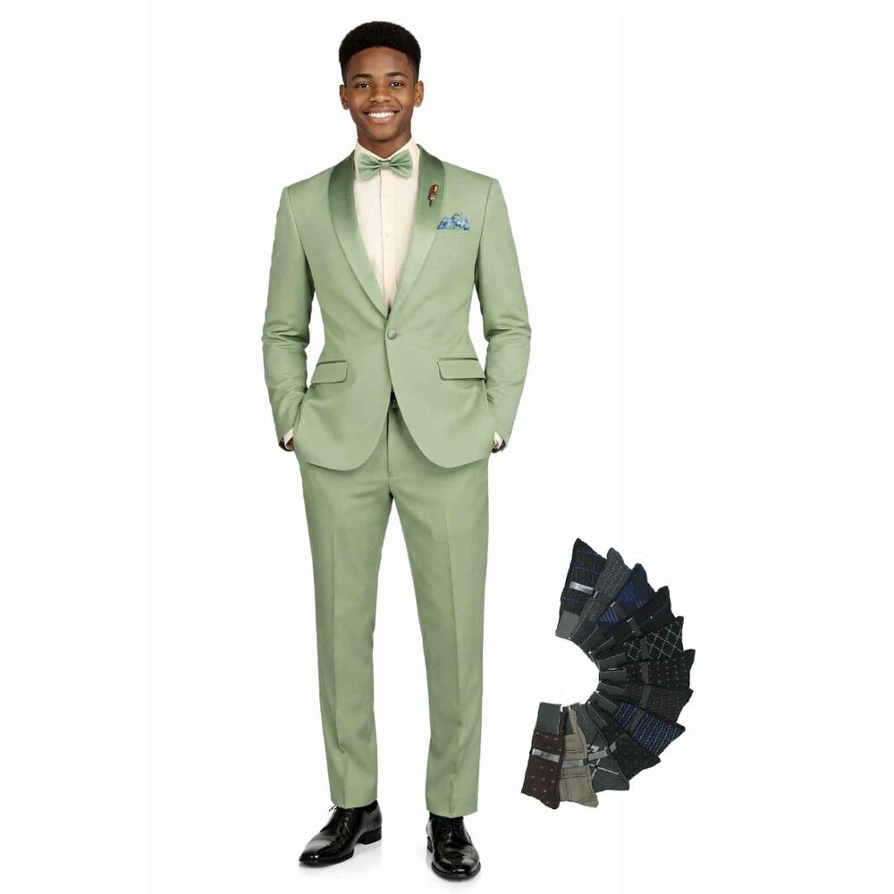 Men’s Slim-Fit Stretch Tuxedo—Bow Tie, Built‑In Pocket Square & Socks–Sage